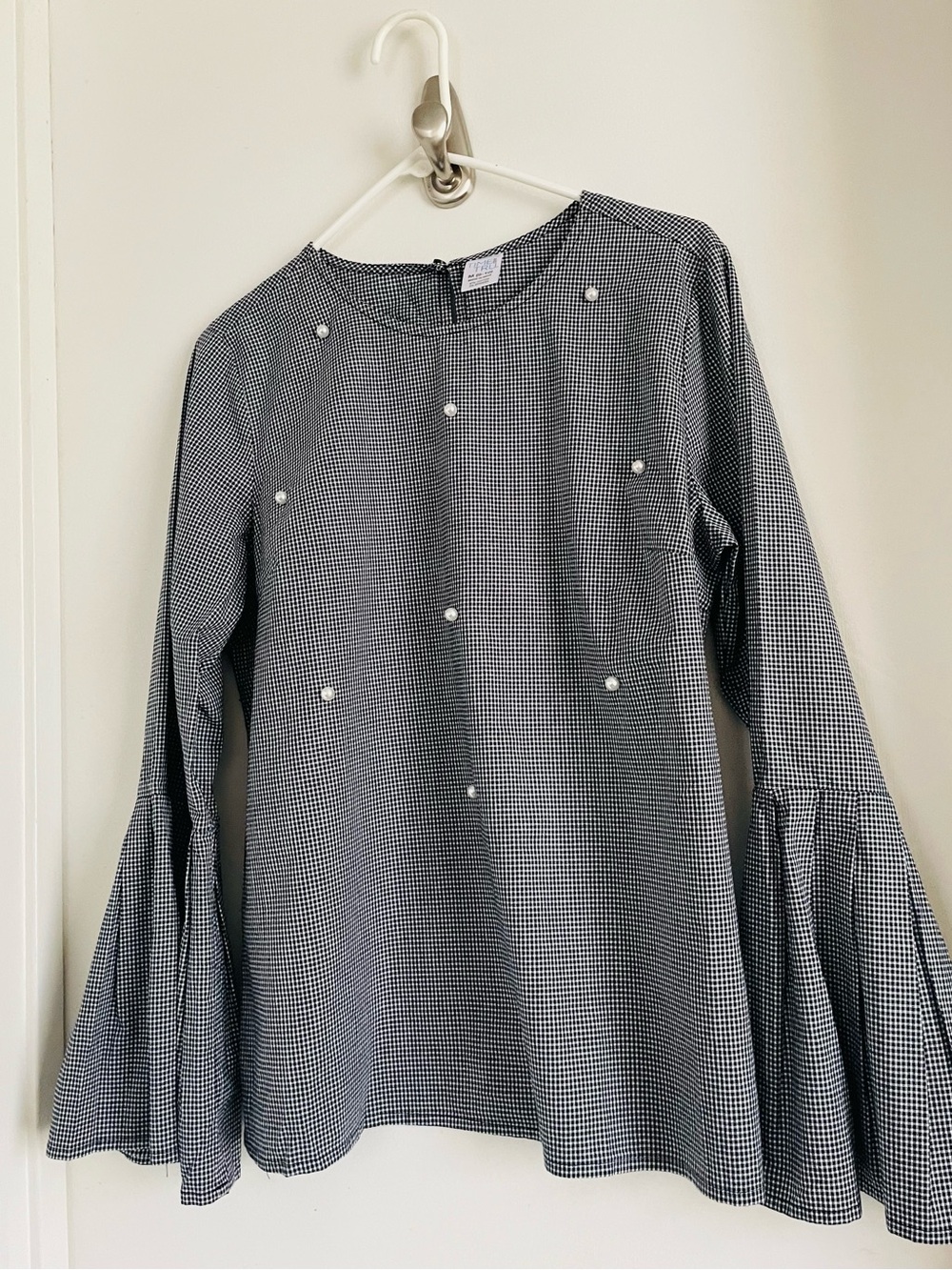 Time and Tru Black & White Gingham Pearl-Trim Bell Sleeve Top